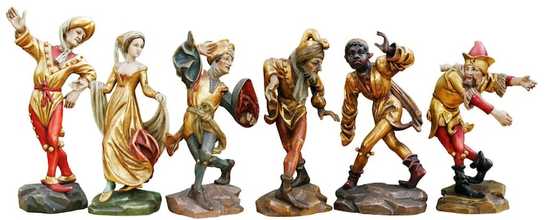 6 Carved Wood Morisken Dancers, Signed Virgil Oberpacher 1974-1979