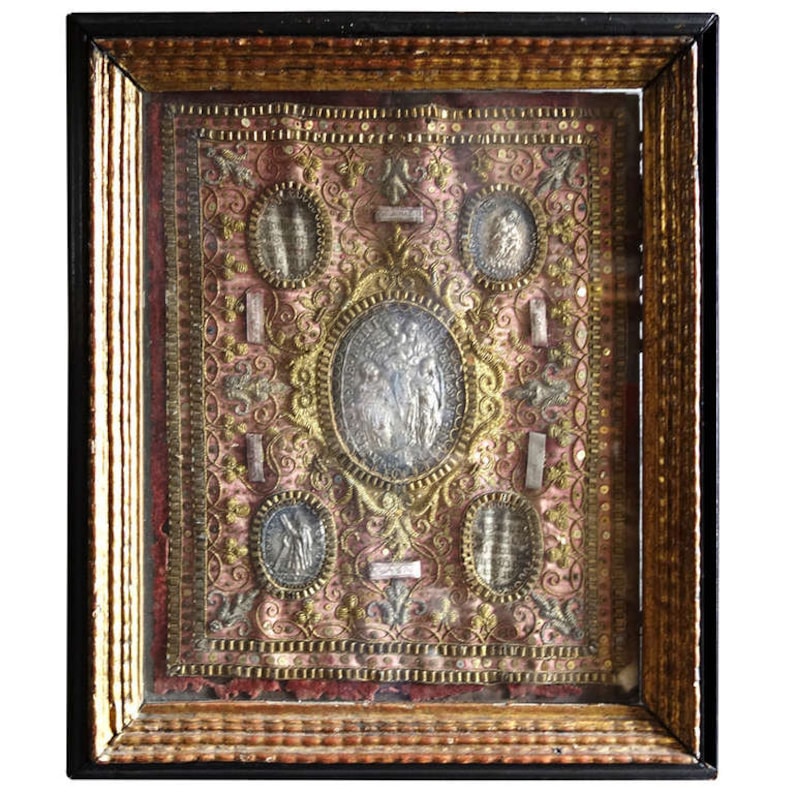 18th Century Austrian Reliquary Cloth, Saint Relics, Gold Thread Embroidery