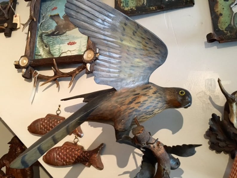 Wood Carved Hawk with Prey Austrian Carving Folk Art