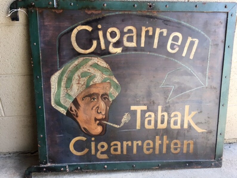 Large European Tobacco Shop Hanging Trade Sign, Painted Both Sides