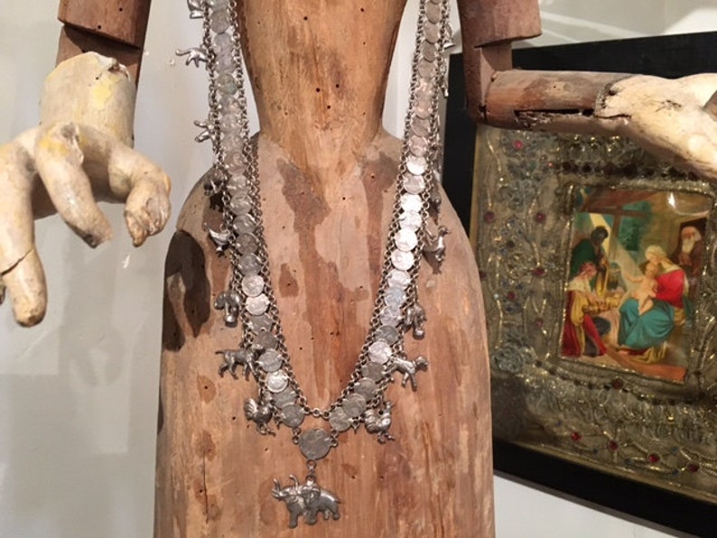 Antique Guatemalan Coin Necklace, 1800s Silver Coins, 25 Animal Charms