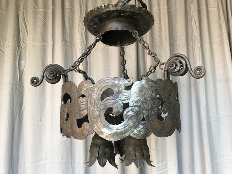 Swedish Iron Chandelier with Petal Bells, Rustic Entryway Lighting
