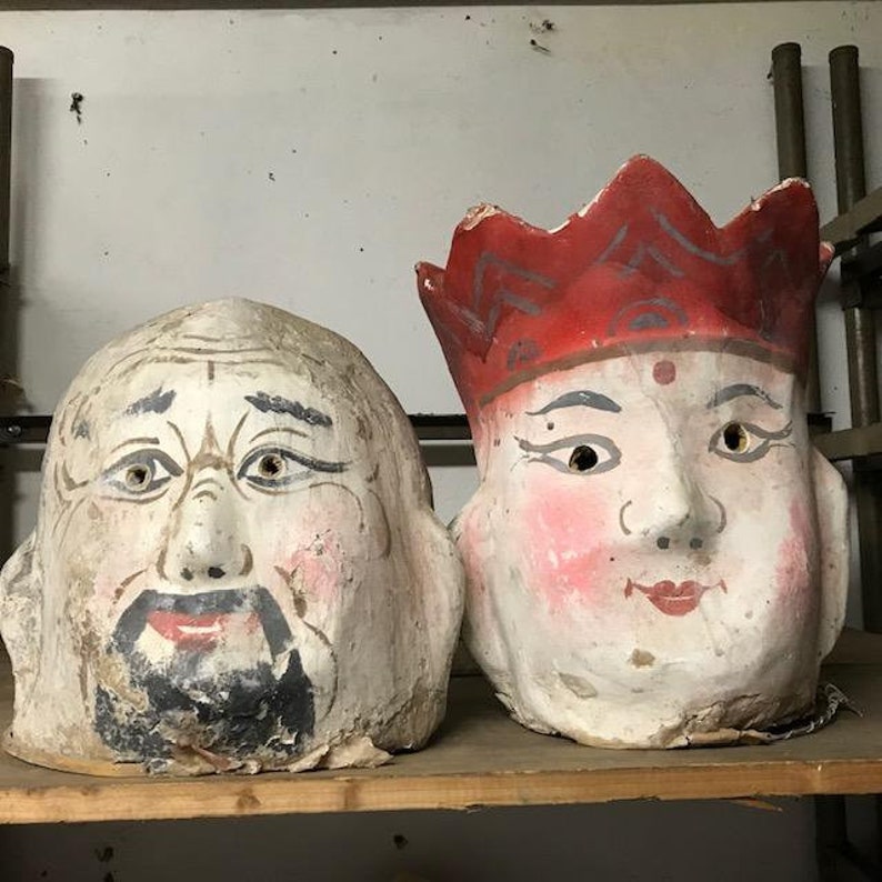 Pair of Antique Chinese Paper Mache Carnival Masks with Wax Makers Mark