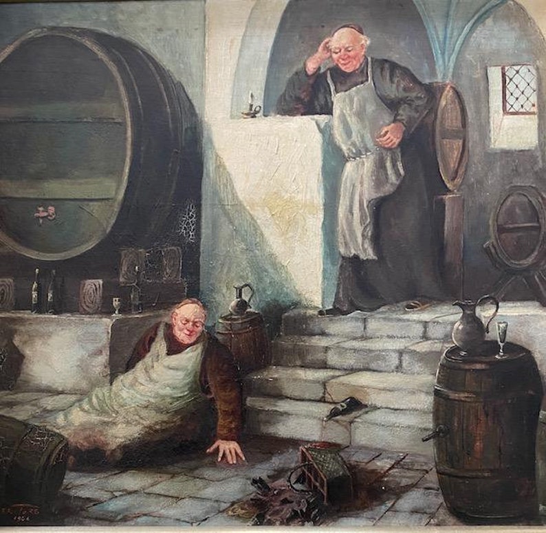 "Drunken Monks in the Wine Cellar" Oil on Board, Signed F. Roters 1954