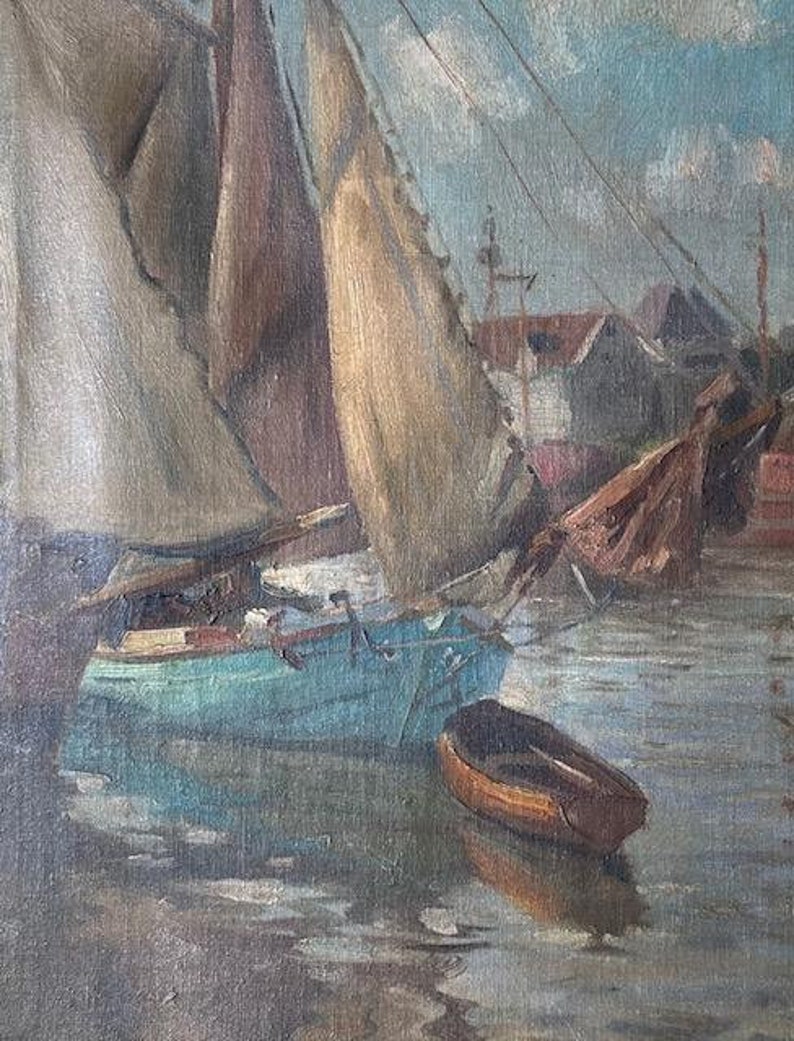 Friedrich Raupp Oil on Canvas, Sailboats in Harbor, 19th Century Marine Painting