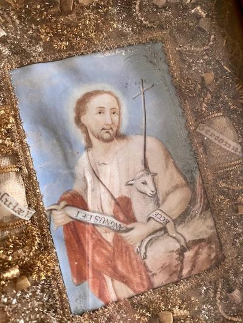 Cloister Work Reliquary Painting, Jesus with Lamb, Nuns' Folk Art