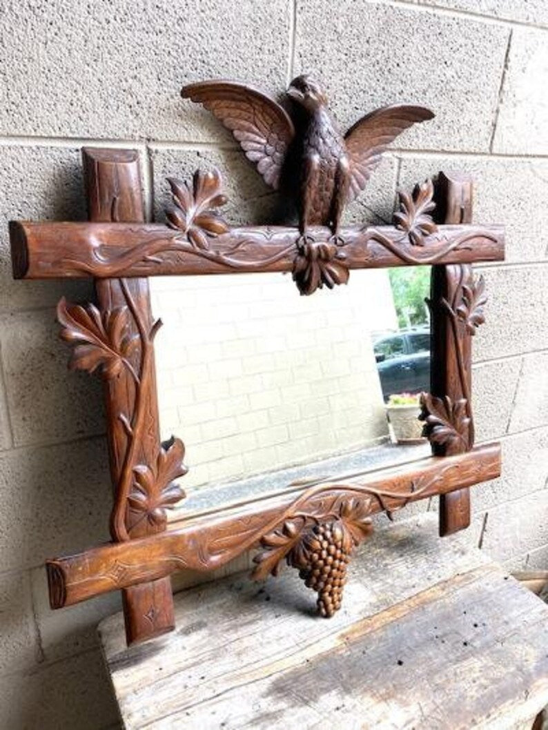 Carved Wood Eagle Mirror, Grape Vines, Circa 1900