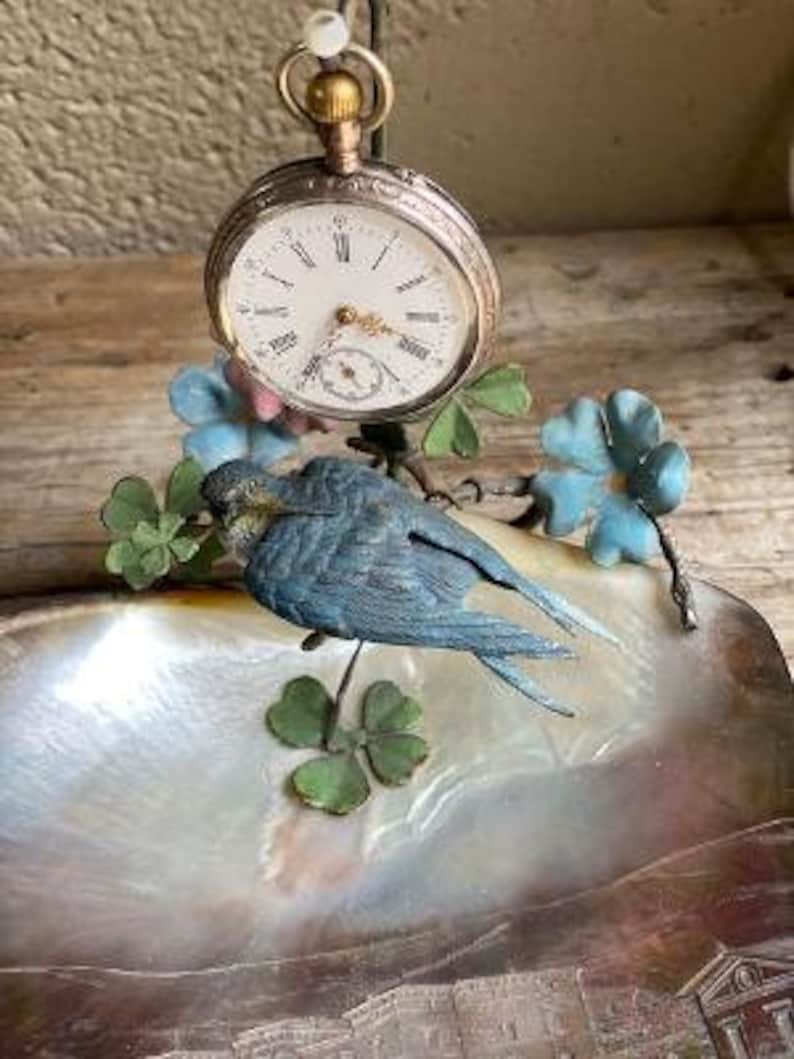 Austrian Bronze Pocket Watch Holder, Swallow and Clover