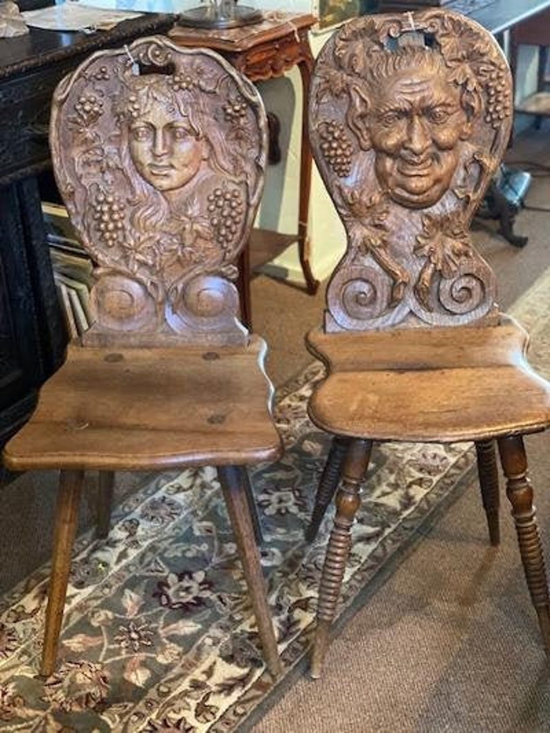 Pair of Circa 1880 German Carved Chairs, God and Goddess of Wine