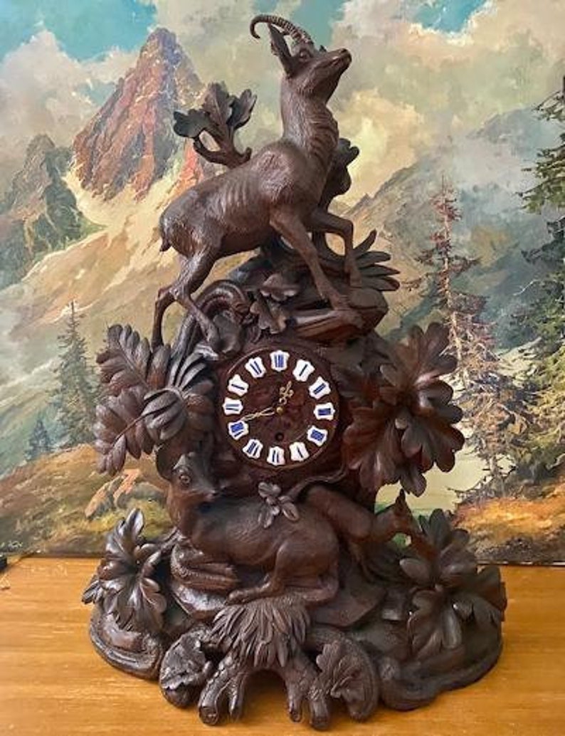 Large Swiss Black Forest Wood Carved Clock