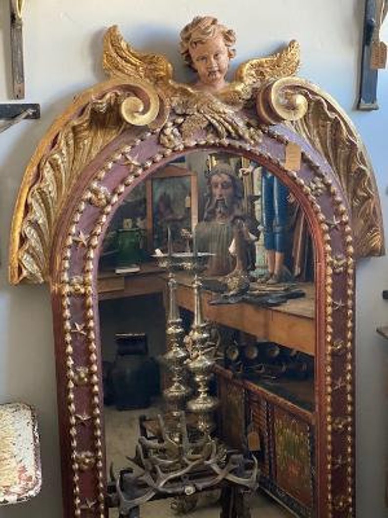 18th Century Large Carved Putti Cherub Angel Mirror, Gessoed Frame