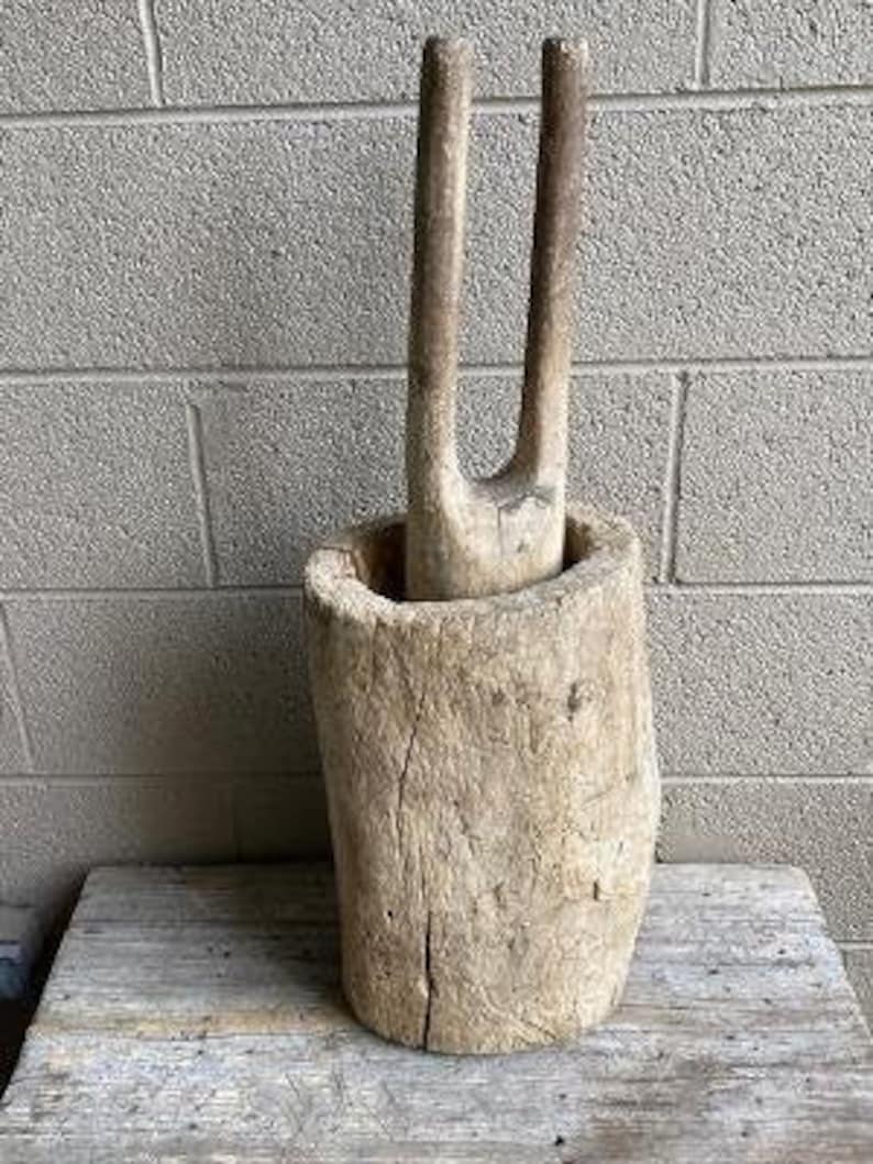 Primitive Wood Mortar and Pestle, European Folk Art