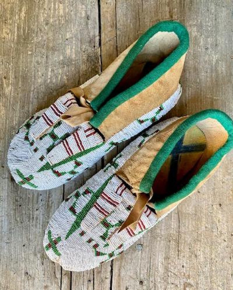 Sioux Beaded Ceremonial Moccasins, Beaded Soles, Painted Parfleche Insoles