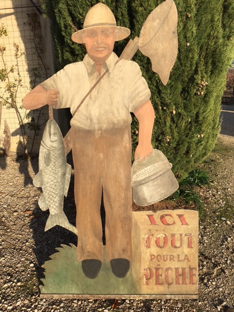 Fishing Sign, Vintage French Fisherman Shop Sign, 1940s