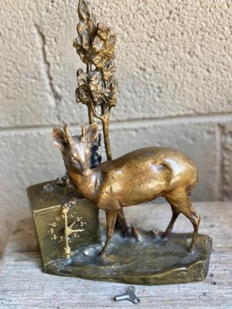 Signed Bronze Roe Deer Buck Clock, Numbered 1406