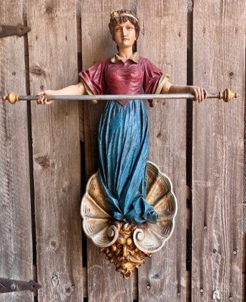 19th Century Wood Carved Circus Banner Woman, German Folk Art