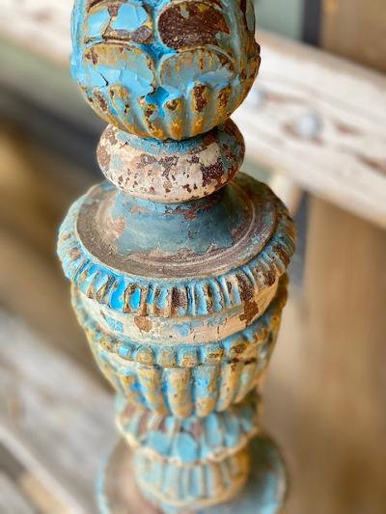 Antique Portuguese Wood-Carved Altar Stick, Blue Chippy Paint