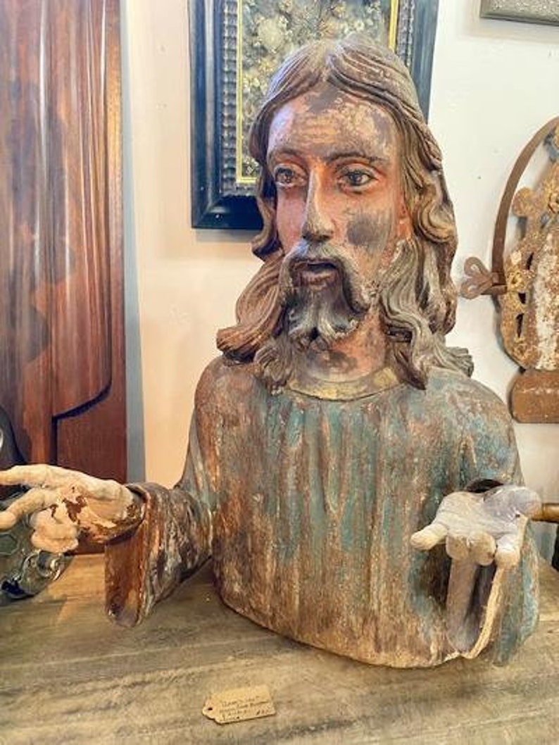 Large Carved Wood Jesus Bust, Portugal