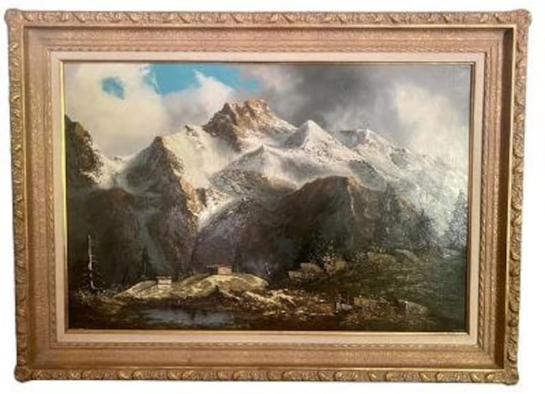 J.E. Lemke Oil Painting, Alpine Mountain Scene, 1940s
