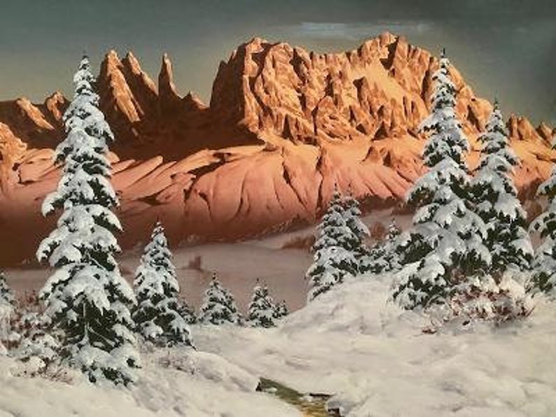 Hans Barma Oil on Canvas, Alpen Glow Mountain Painting