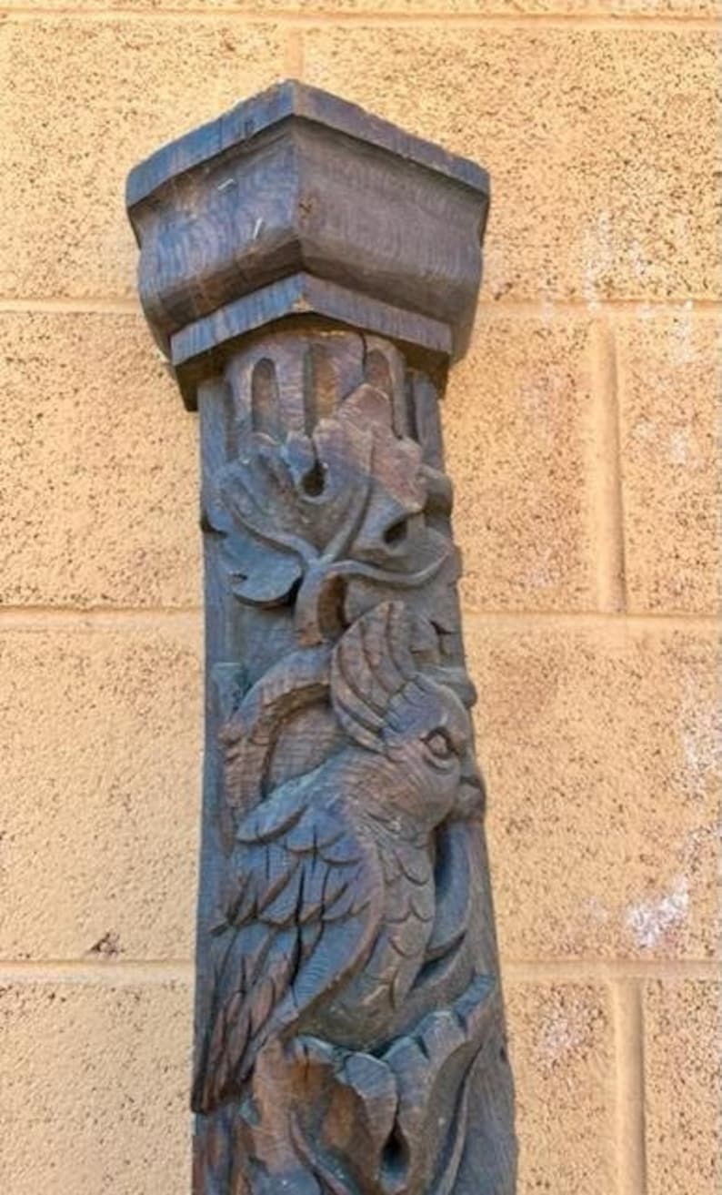 Carved Swiss Restaurant Post with Parrot, Twining Leaves