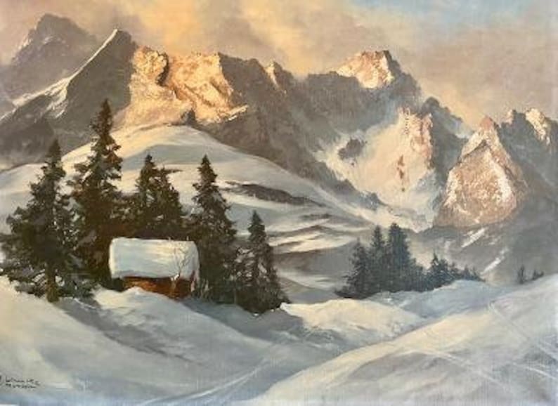 Oil Painting by Arno Lemke, Alpine Mountain Glow, 1930s
