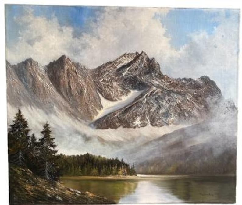 Mountain Oil Painting of the Alps by J.E. Lemke, Dated 1950