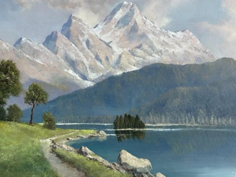 Alpine Landscape Oil Painting by Fritz Meyer, Munich, German Artist