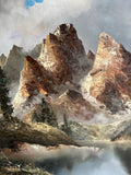 Oil Painting by J.E. Lemke, Alpine Mountain Scene, 1940s