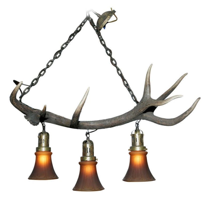 Antler Chandelier with Glass Shades, New Wiring, Rustic Cabin Lighting