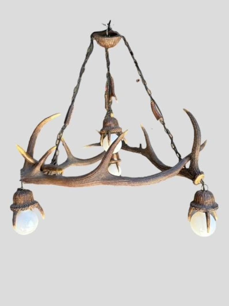1940s Antler Chandelier with 3 Hanging Pendants, Rustic Alpine Lighting
