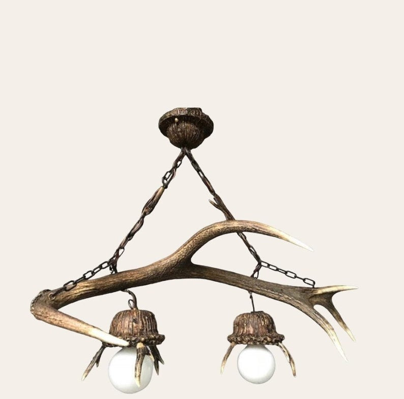 Antler Chandelier with 2 Hanging Pendants, Rustic Alpine Lighting