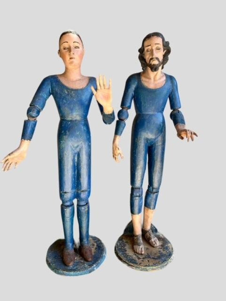 Pair of Large Antique Spanish Santos, Joseph and Mary, Articulated Joints