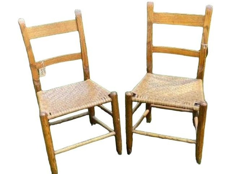 Pair of Oak Ladder-Back Chairs, Woven Seats