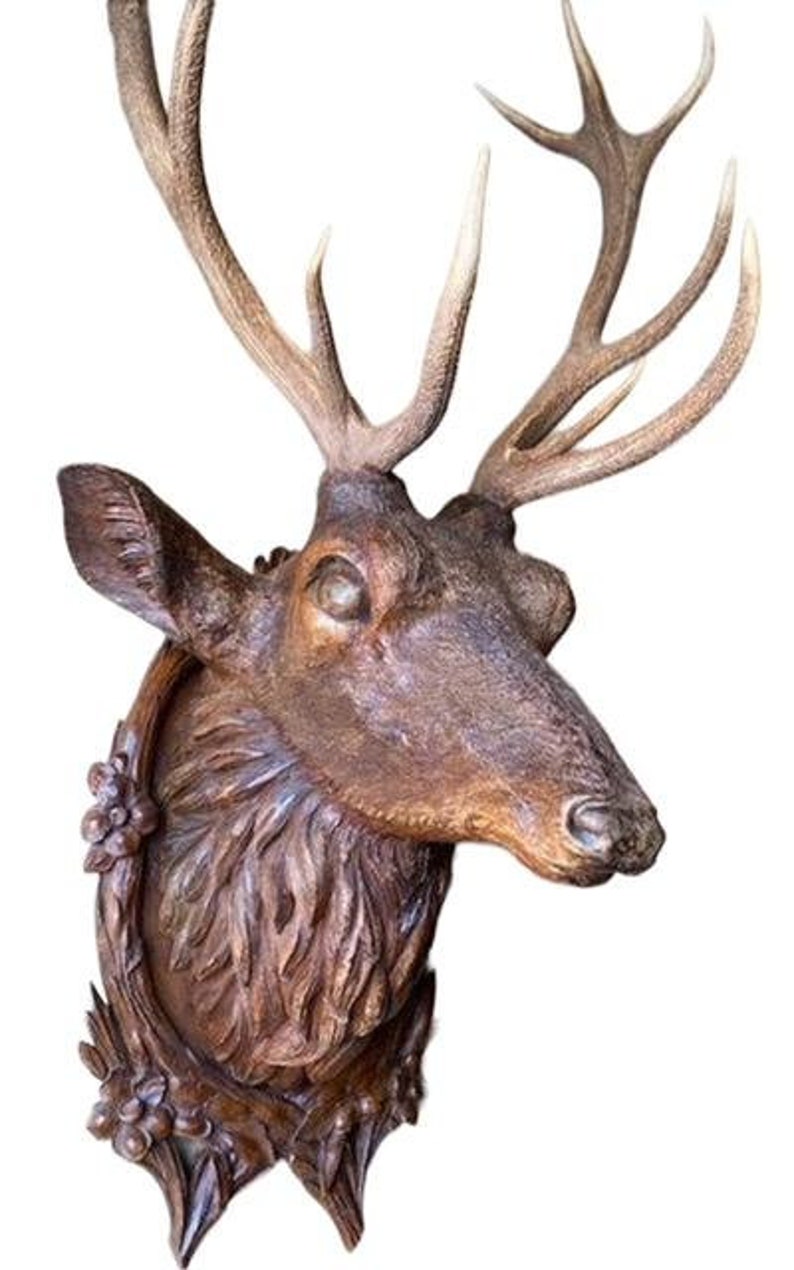 Black Forest Carved Stag Head with Real Antlers, 19th Century
