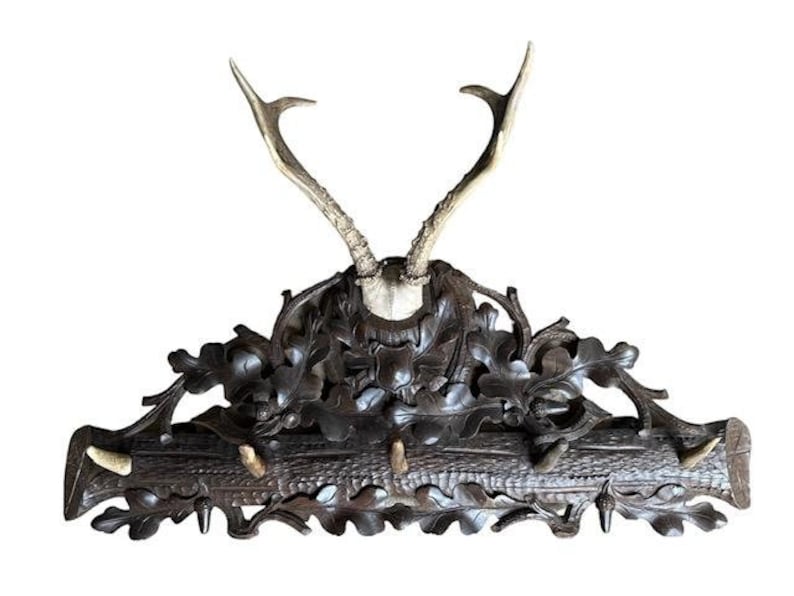 Black Forest Wood Carved Antler Rack with Real Antlers, 1900s