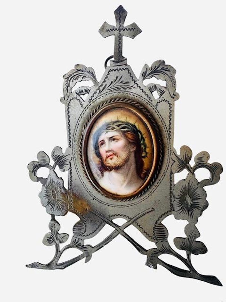 Hand Painted Porcelain Plaque of Jesus Christ in Silver Frame, Circa 1890