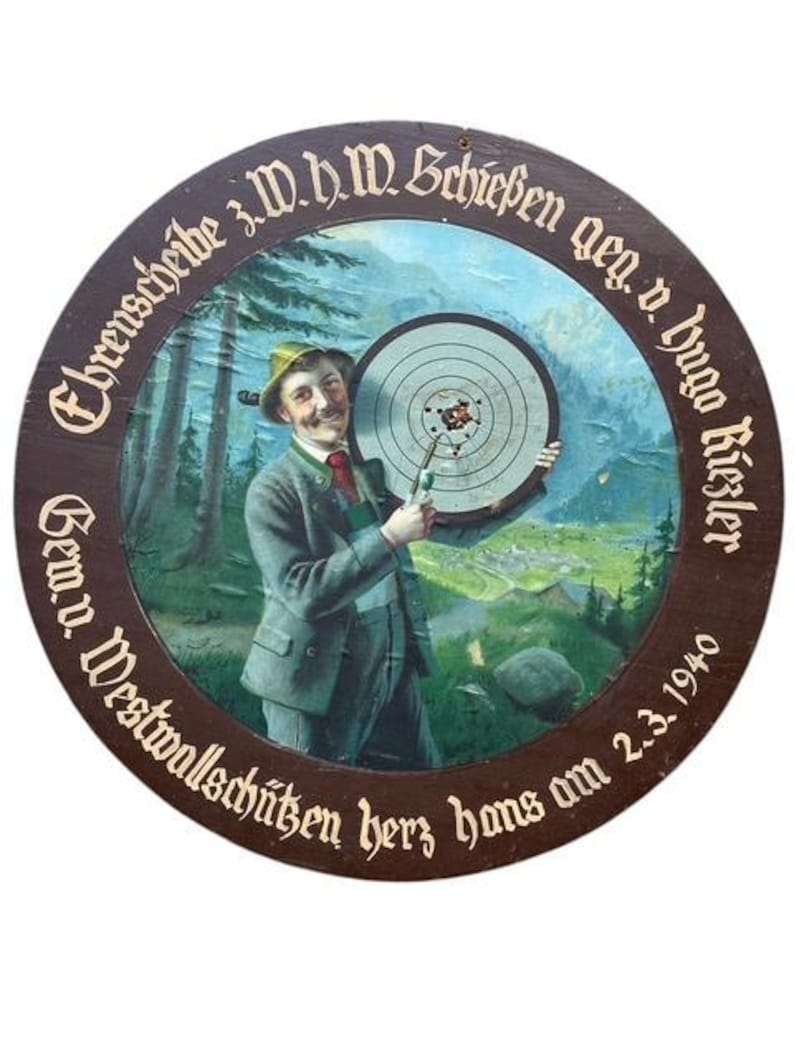 German Shooting Target with Bullet Holes, 1940, Black Forest Decor