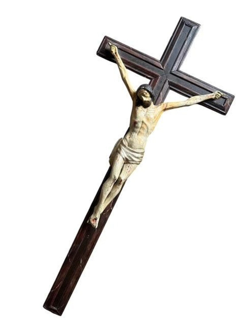 Antique Bavarian Hand-Carved Wood Crucifix with Jesus, 31 Inches