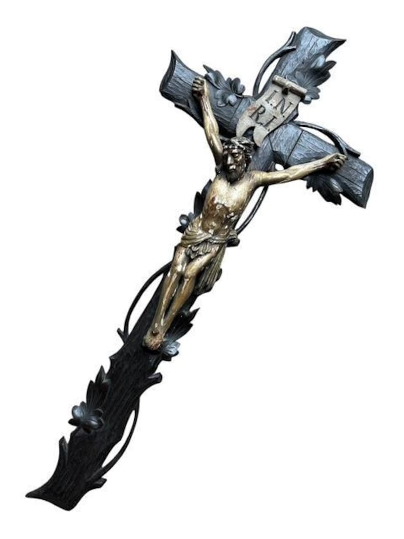 Large Black Forest Bavarian Crucifix, Hand-Carved Faux Bois