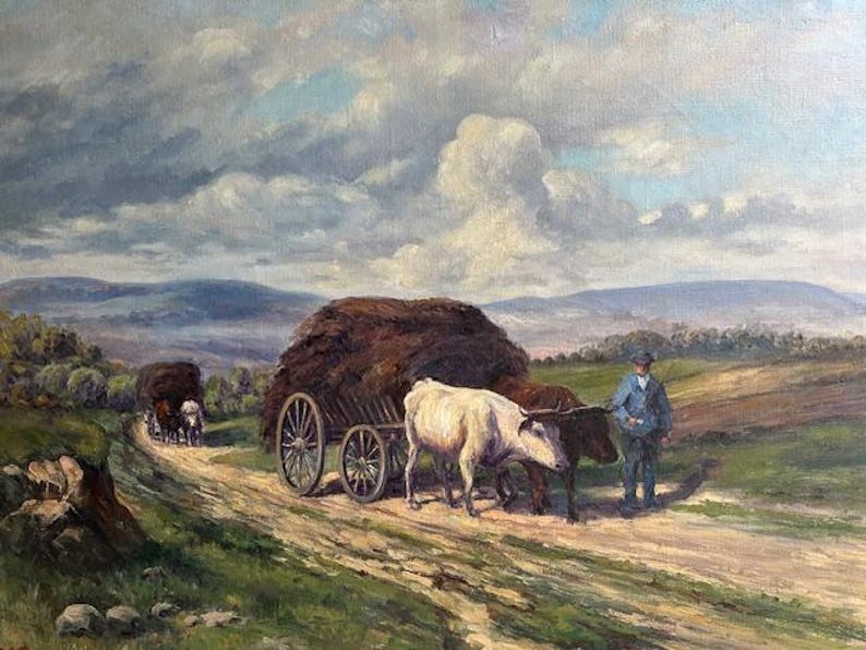 Oil on Canvas, Oxen in Field Pulling Harvest, Signed Holtorf 1929