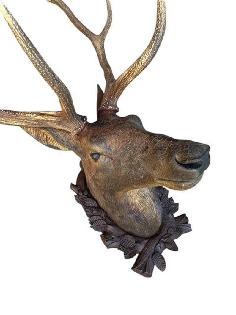 Wood Carved Antique Deer Stag Head Trophy