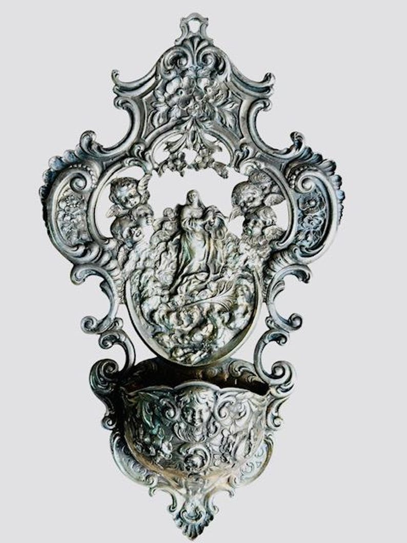 Antique Silver Holy Water Font with Silver Hallmark, St. Joseph