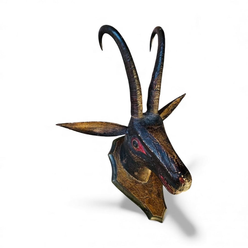Antique Wood Carved Chamois Goat Head, Found in Austria, 19th Century