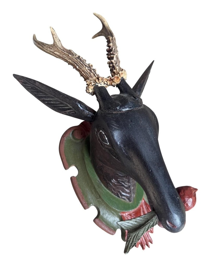 Black Forest Carved Wood Deer Head with Real Antlers, 19th Century