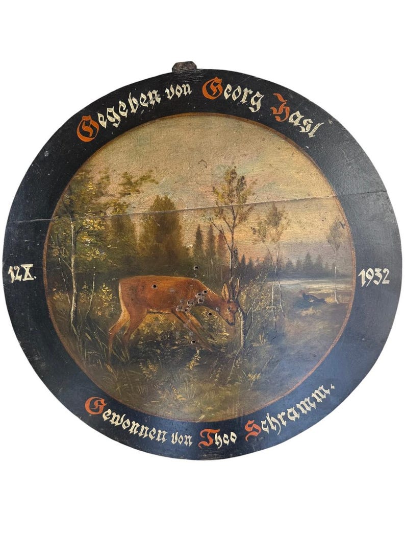 1940s German Painted Wood Shooting Target with Bullet Holes, Black Forest Decor