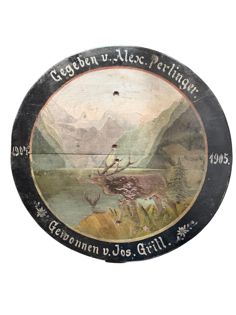 German Shooting Target with Bullet Holes, 1905, Black Forest Decor, Painted on Wood