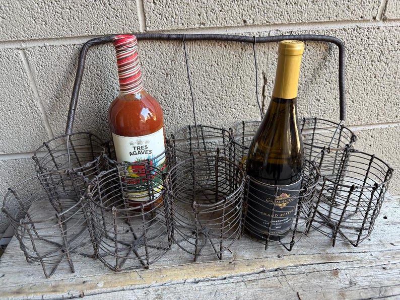 Antique French Wire Bottle Basket, Holds 10 Bottles