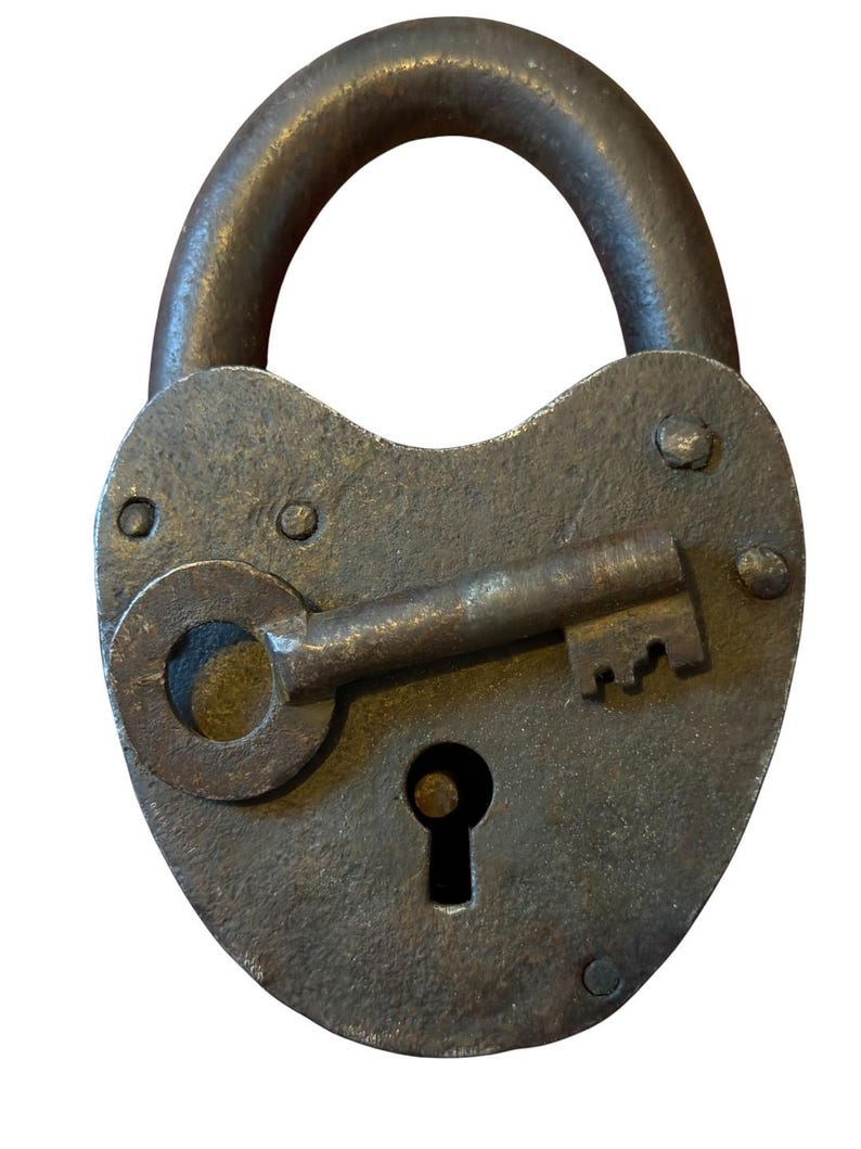 Antique Heavy Duty Forged Iron Padlock with Key, 19th Century