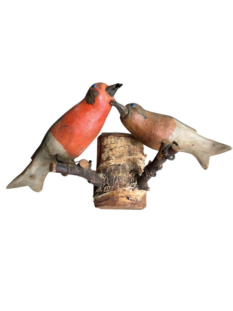 Austrian Folk Art Carved Wood Bird Pair #82, 1930s